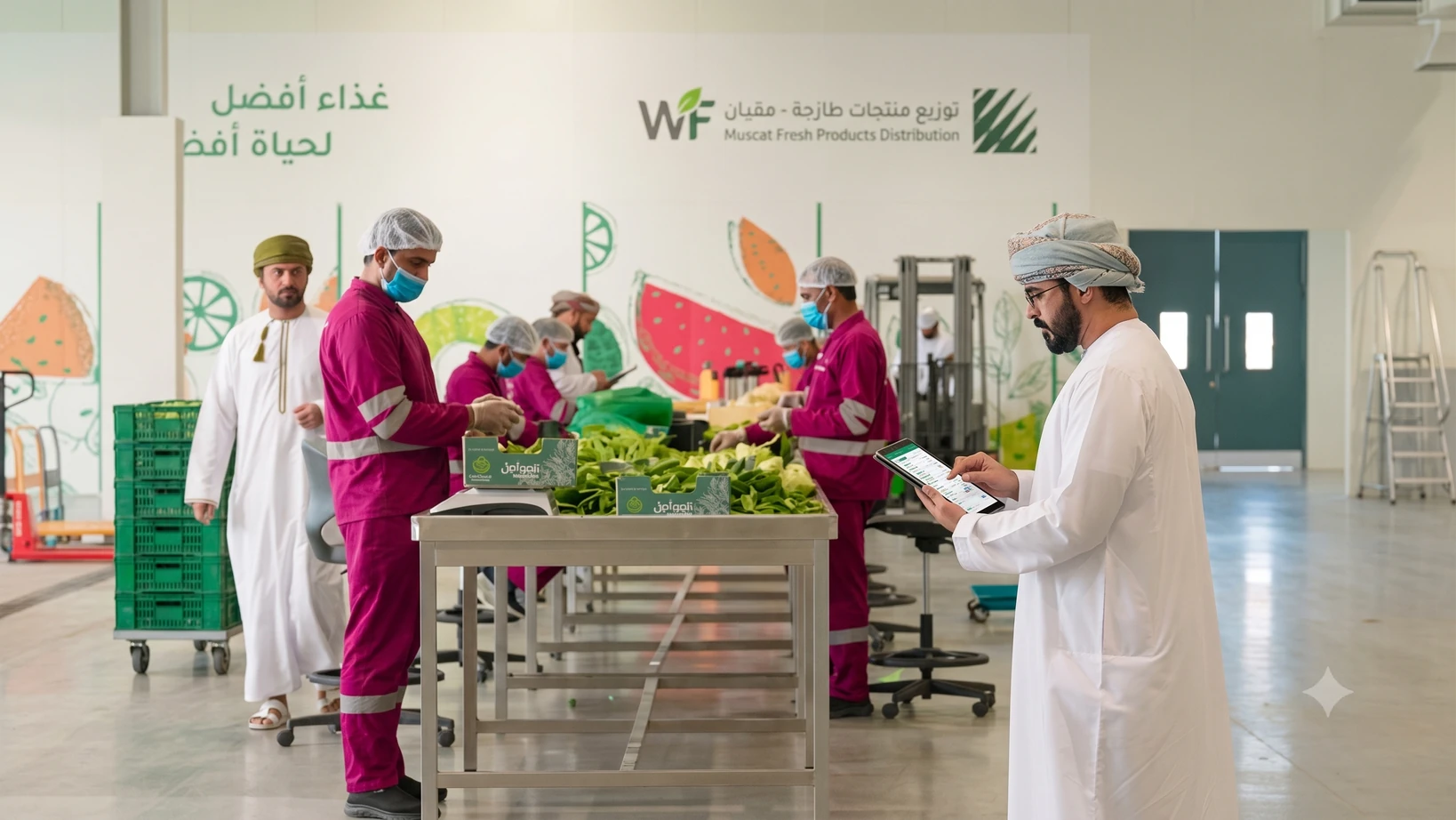 The team handling and checking fresh produce